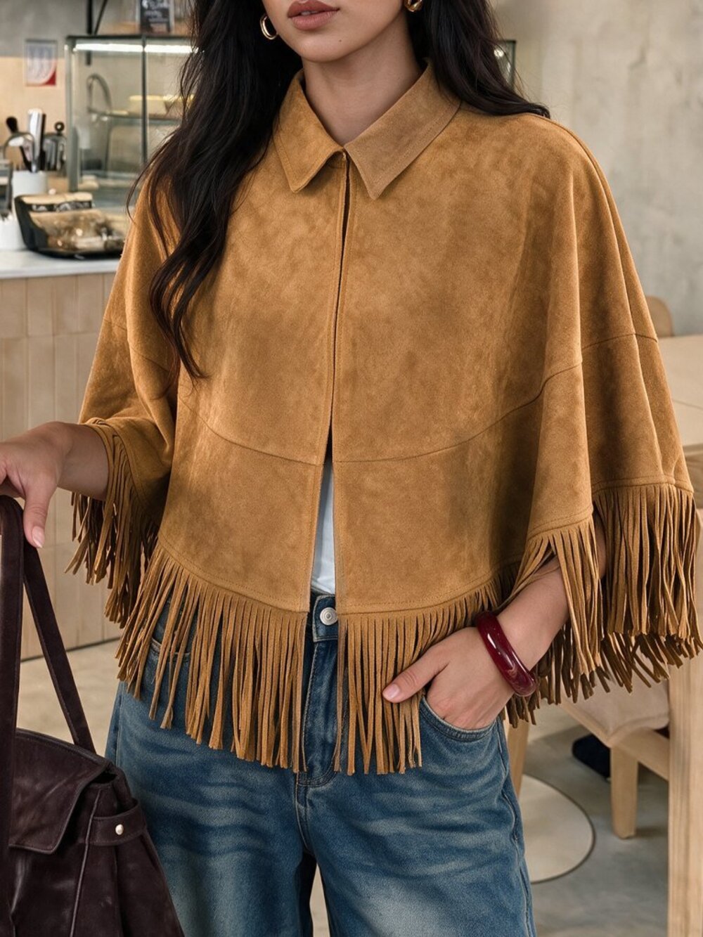 tan Casual Women's Fringe detail Collar cape poncho Top - Picture 3 of 9